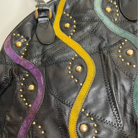 Vintage Black Patchwork Suede Studded Shoulder Handbag Faux Leather Multicolor - Picture 8 of 14